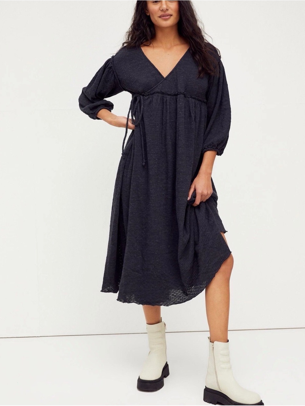 Black V-Neck Midi Dress with Tie Waist